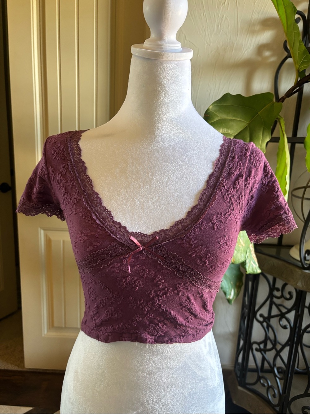 Urban Outfitters Plum Lace Scoop Neck Crop Top